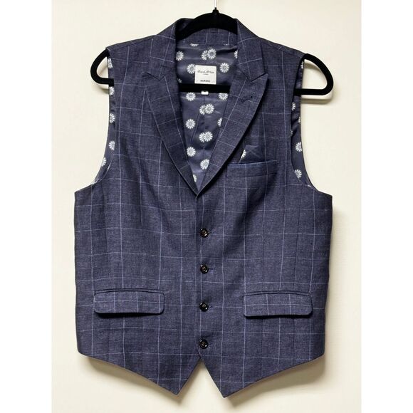 BAIRD MCNUTT 100% Linen Navy Windowpane Plaid Vest Pocket Square, Sz M - Picture 1 of 8